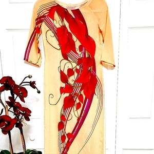 Ao Dai  handmade yellow printed dress with pants